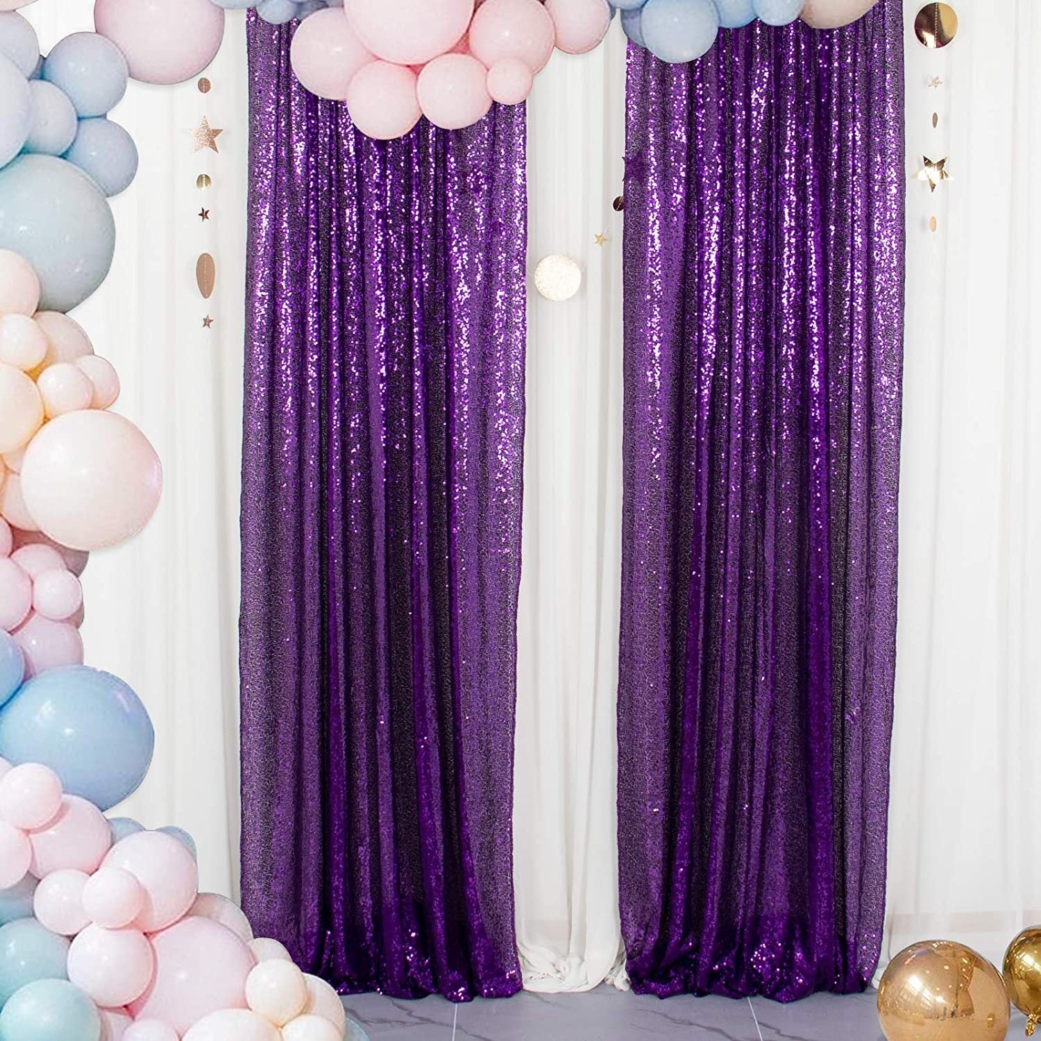 2 Pc Dark Purple Sequin Backdrop Drape Curtains with Rod Pockets - 8ftx2ft