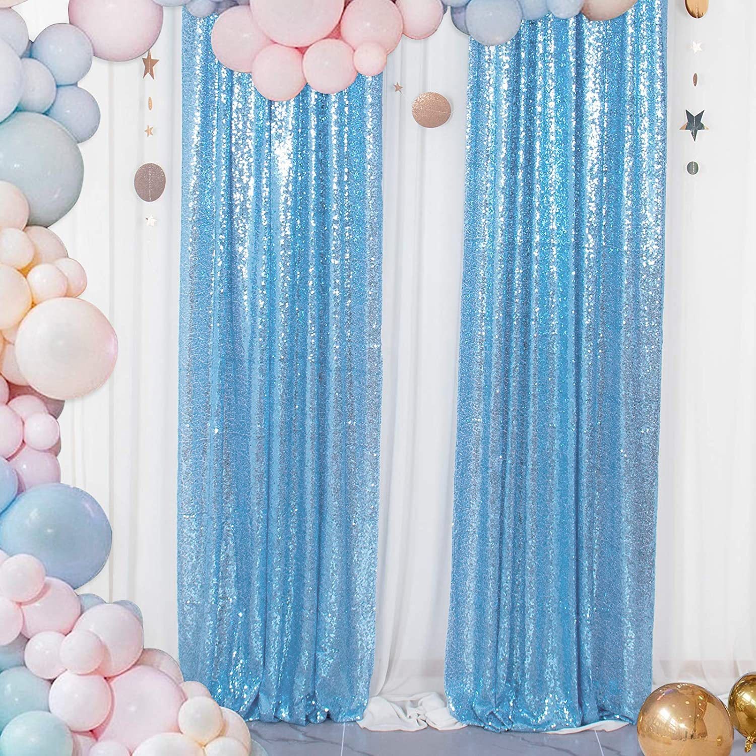 2 Pc Sky Blue Sequin Backdrop Drape Curtains with Rod Pockets - 8ftx2ft