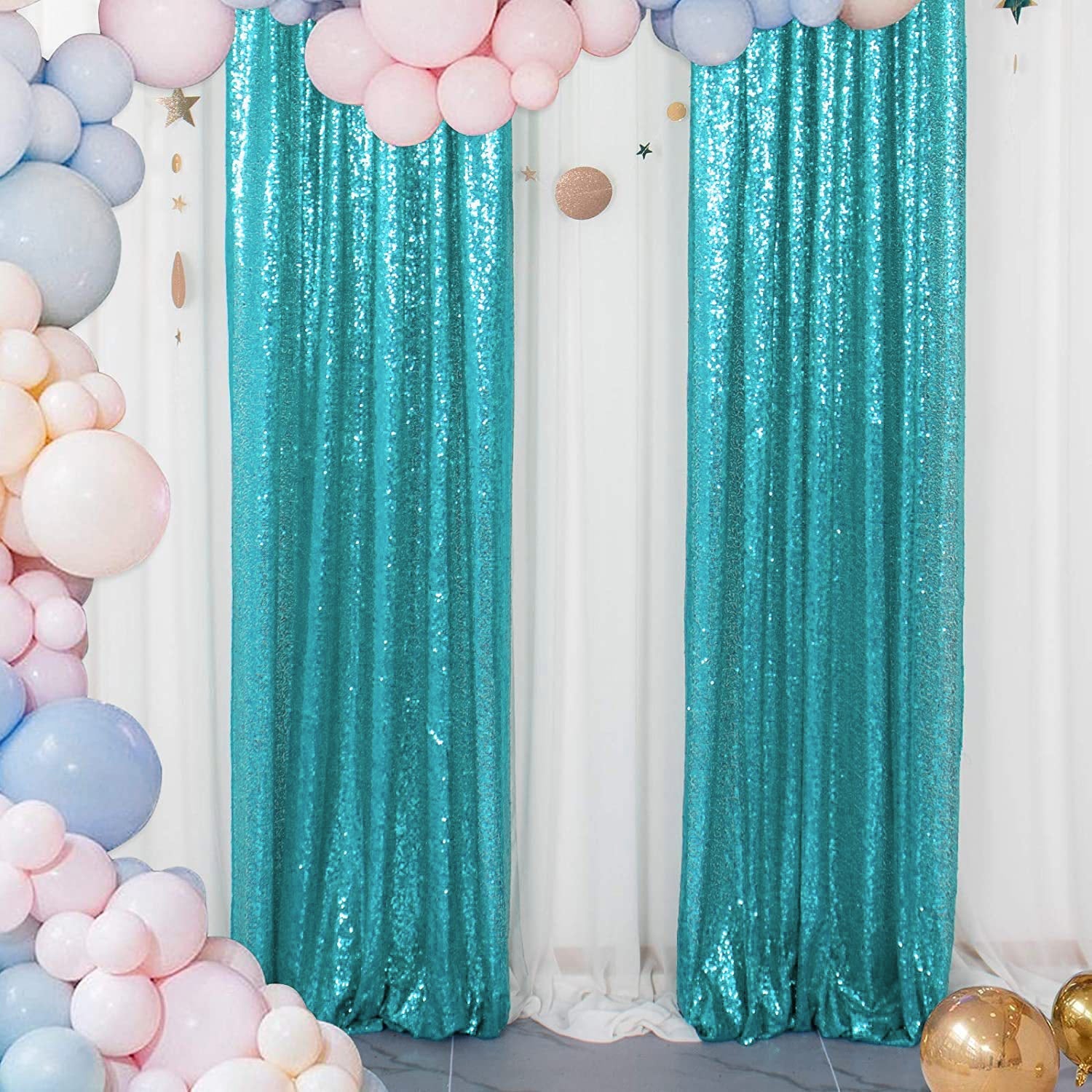 2 Pc Malachite Green Sequin Backdrop Drape Curtains with Rod Pockets - 8ftx2ft