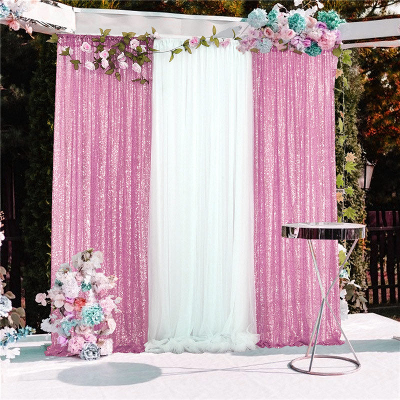 2 Pc Pink Sequin Backdrop Drape Curtains with Rod Pockets - 8ftx2ft