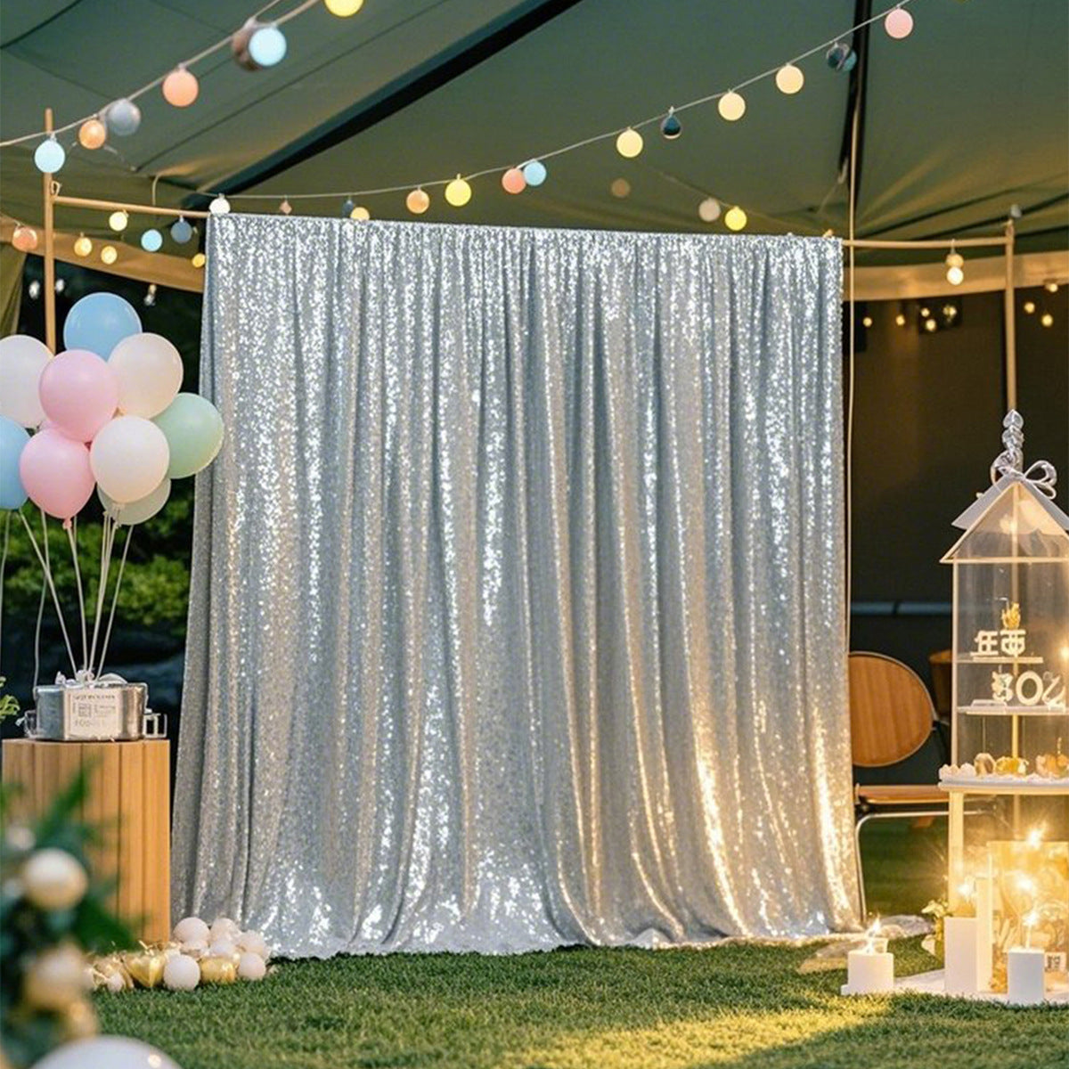Silver Sequin Backdrop Drape Curtains with Rod Pockets - 8ftx8ft