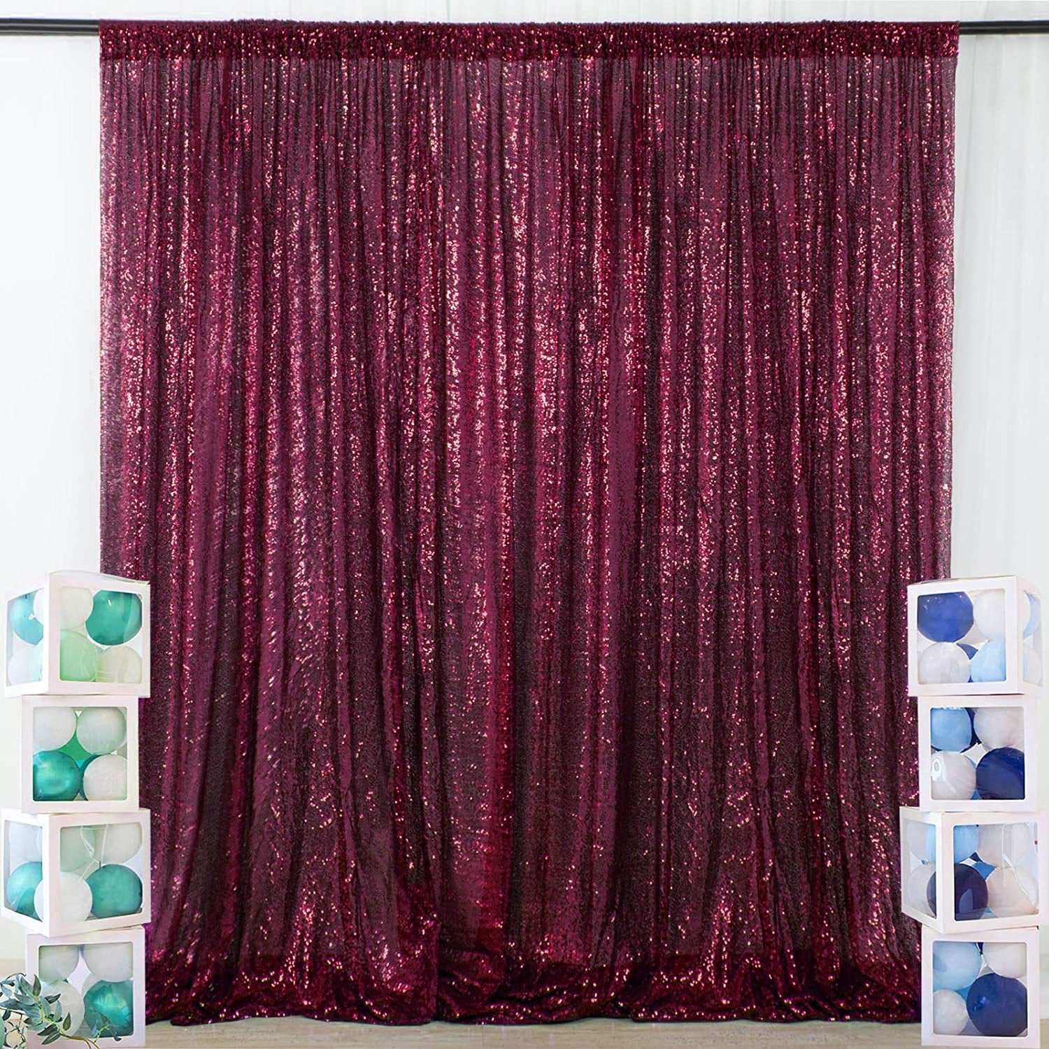 Wine Red Sequin Backdrop Drape Curtains with Rod Pockets - 8ftx8ft
