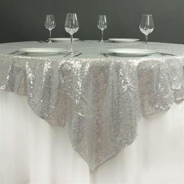 Glitz Sequins 90"x90" Table Overlay Silver