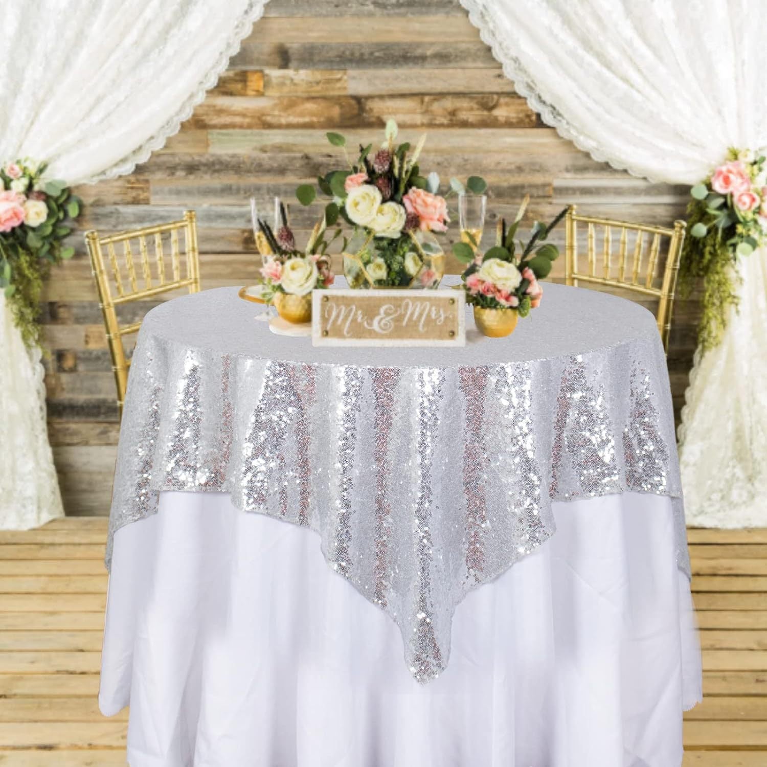 Glitz Sequins 90"x90" Table Overlay Silver