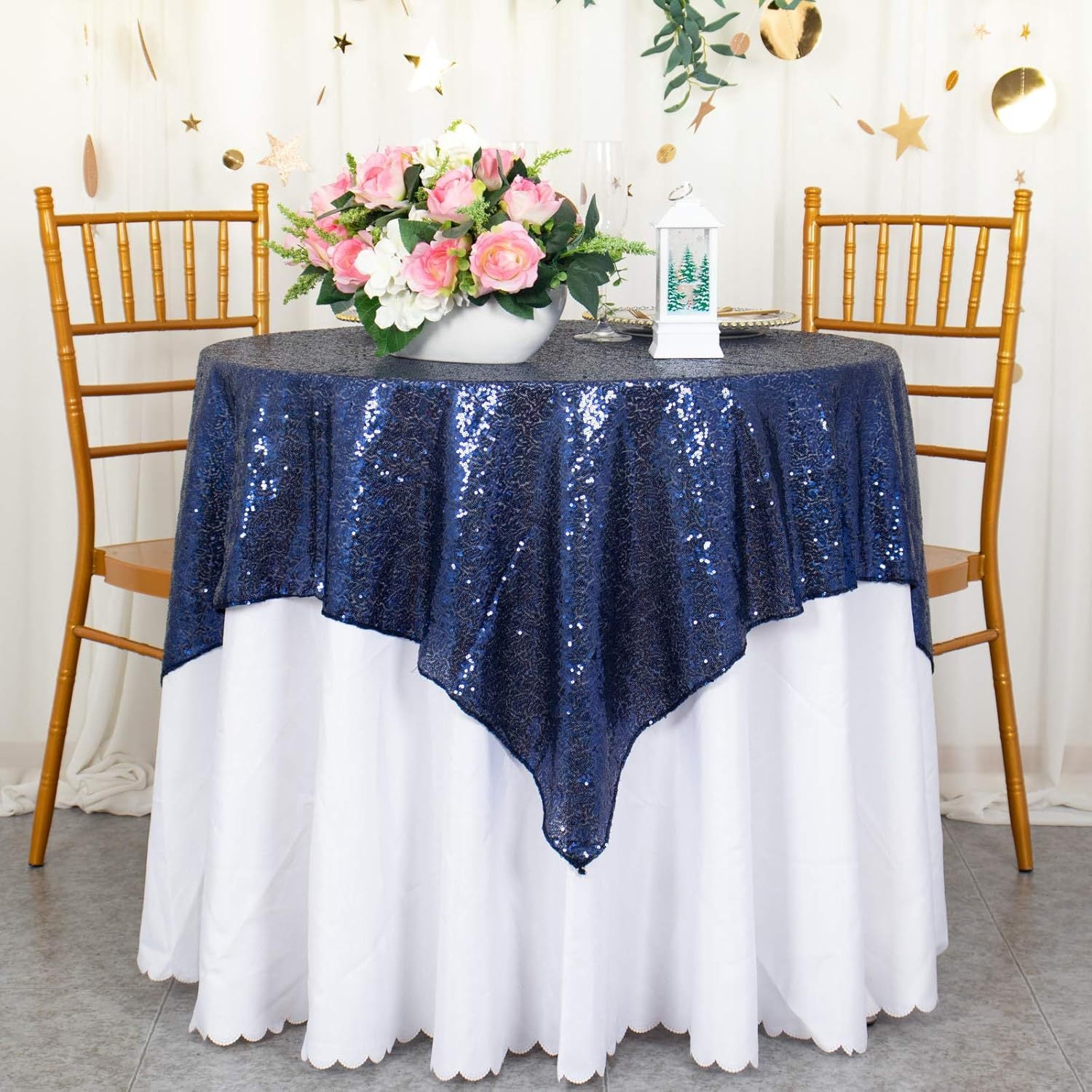 Glitz Sequins 90"x90" Table Overlay Navy Blue
