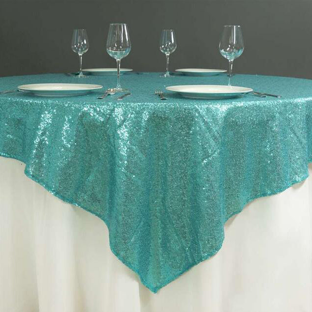 Glitz Sequins 90"x90" Table Overlay Turquoise