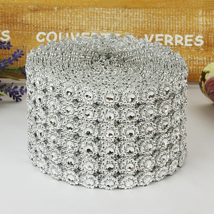 Fleur Diamond Rhinestone Ribbon Wrap Roll 4"x10 Yards Silver