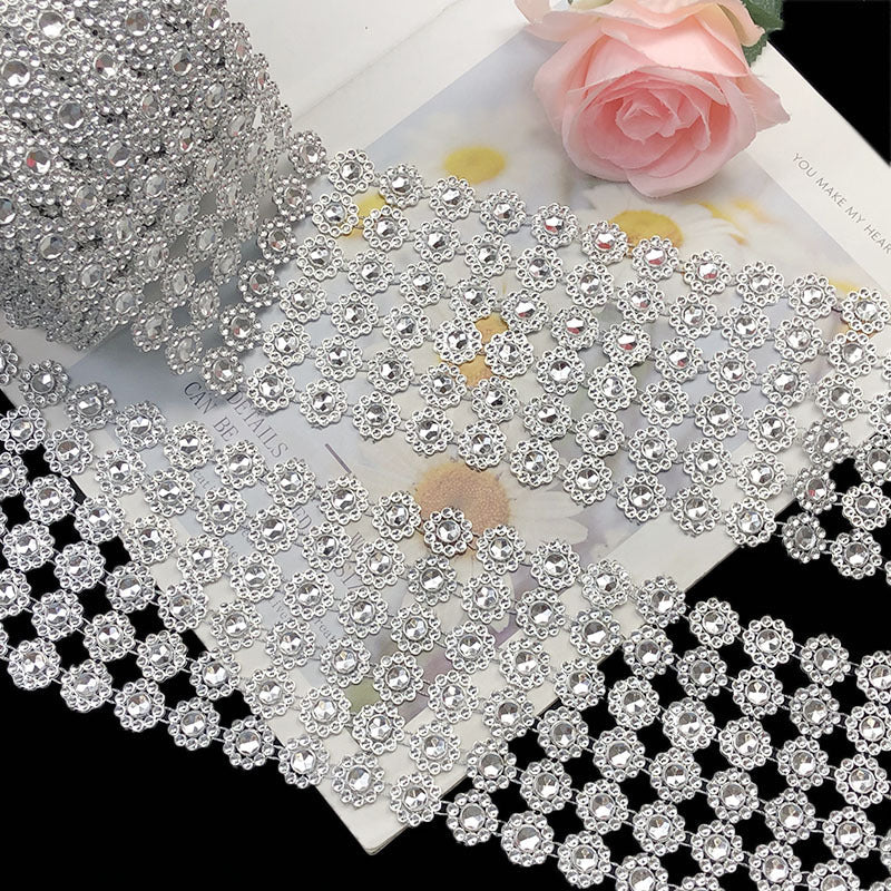 Fleur Diamond Rhinestone Ribbon Wrap Roll 4"x10 Yards Silver