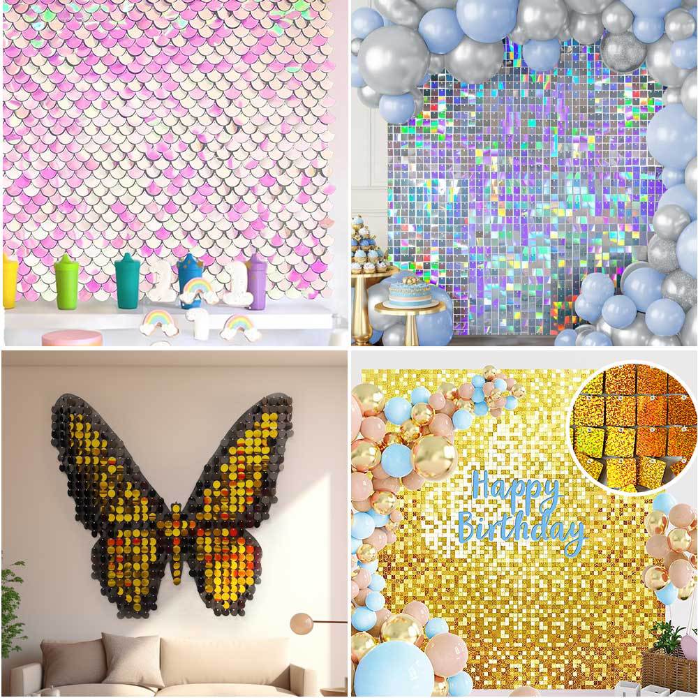 24 Panels Square Sequin Shimmer Wall Photo Backdrop Panels - 24sq.ft Silver