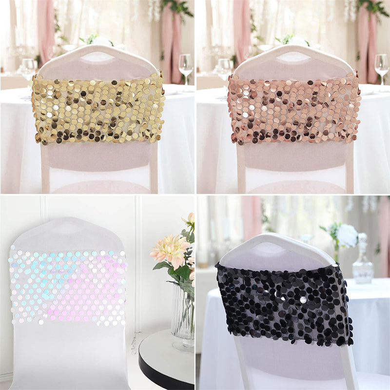 5 Pcs Stretch Sequin Chair Sashes Chair Bands for Hotel Wedding Reception Party Event Decoration