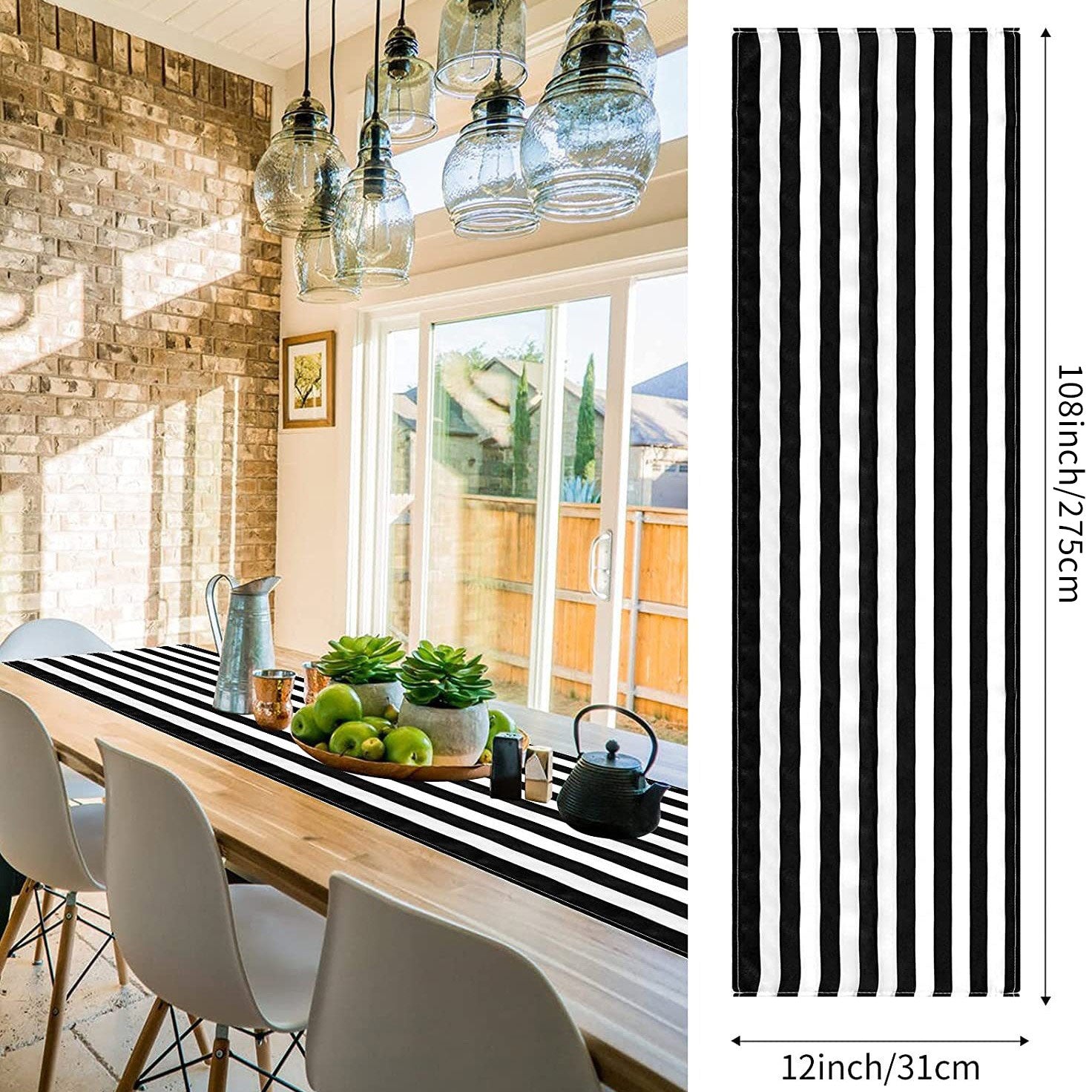 Classic Black and White Striped Table Runner 12" x 108"