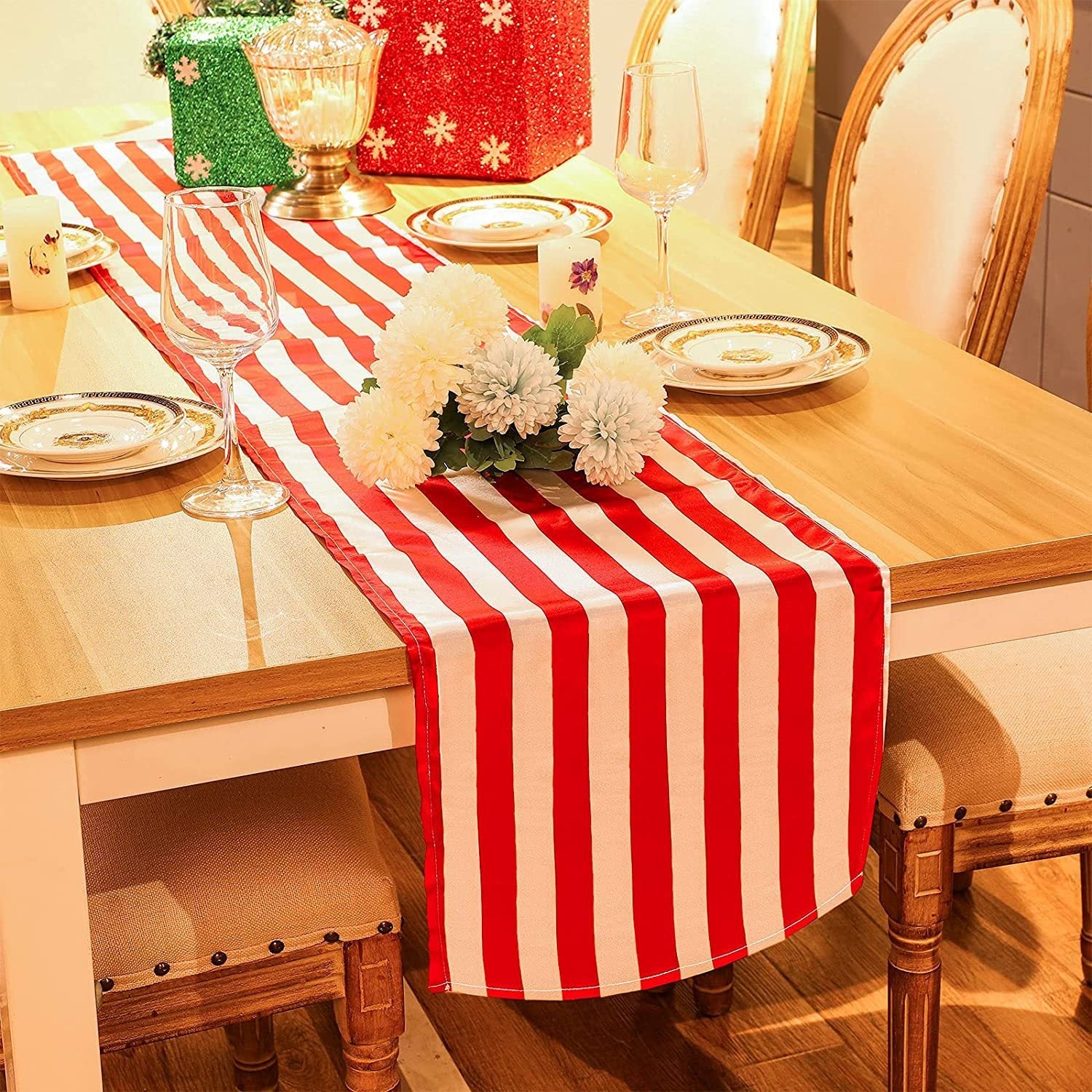 Satin Stripe Classic Table Runner 12"x108" Red White
