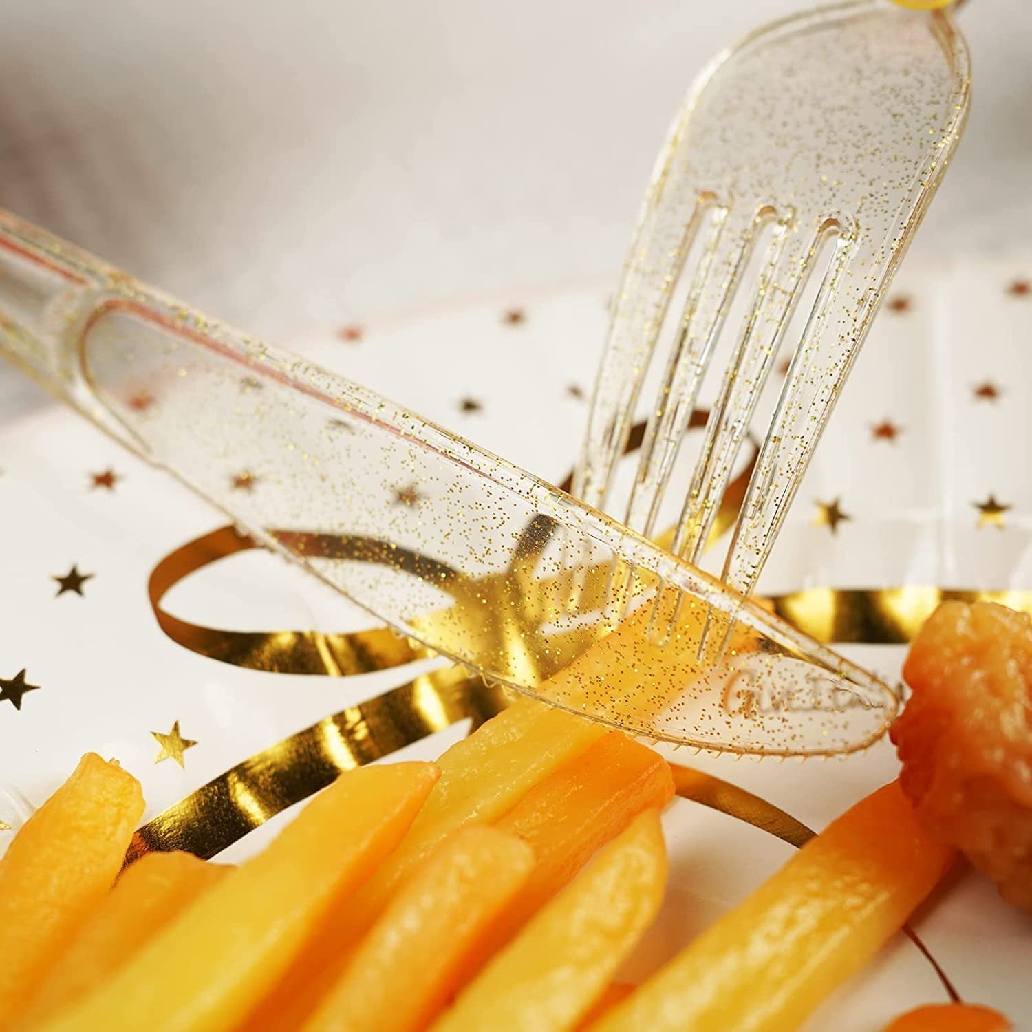 25 Pc Plastic Knives 7" Transparent Gold Glitter Classic Heavy Duty