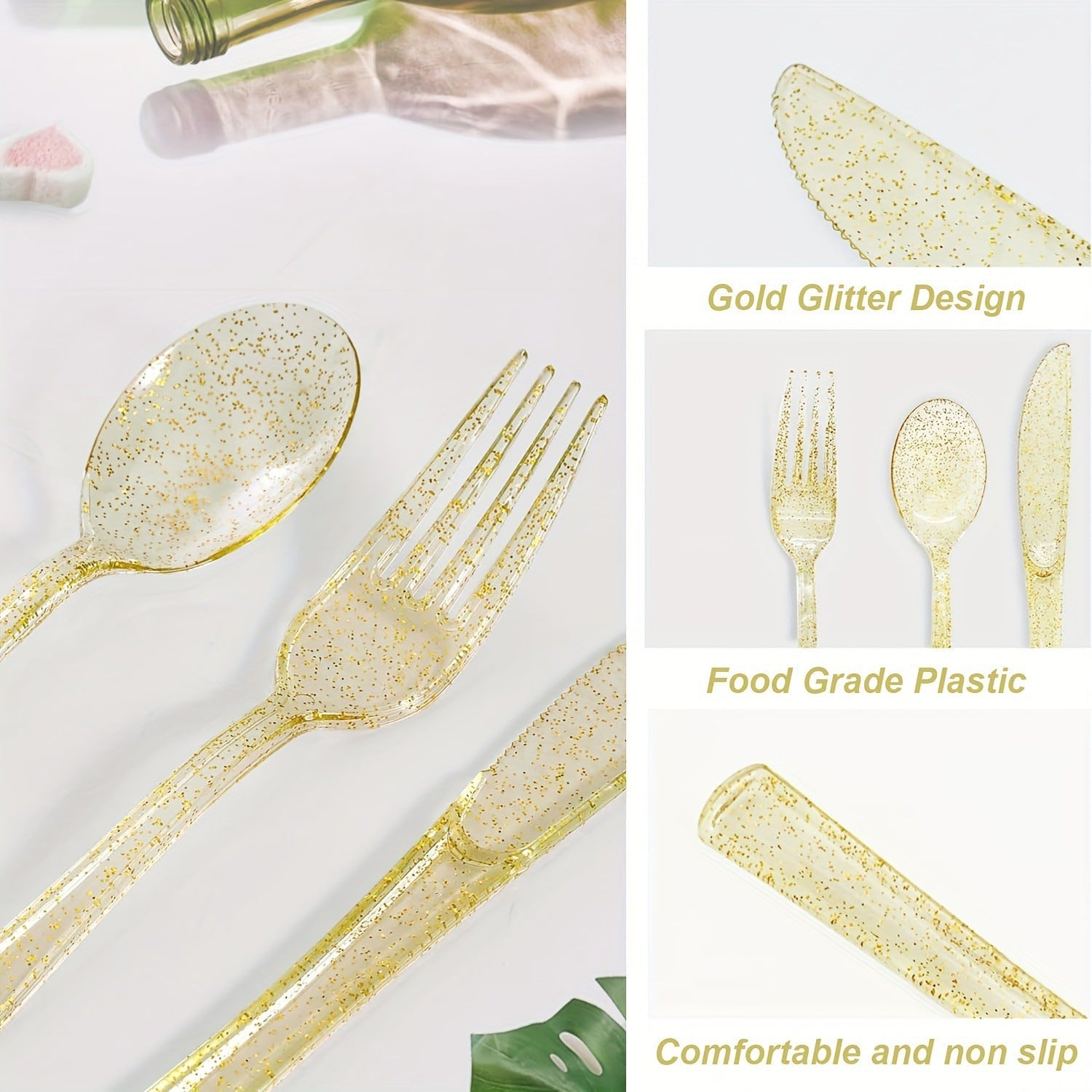 25 Pc Plastic Knives 7" Transparent Gold Glitter Classic Heavy Duty
