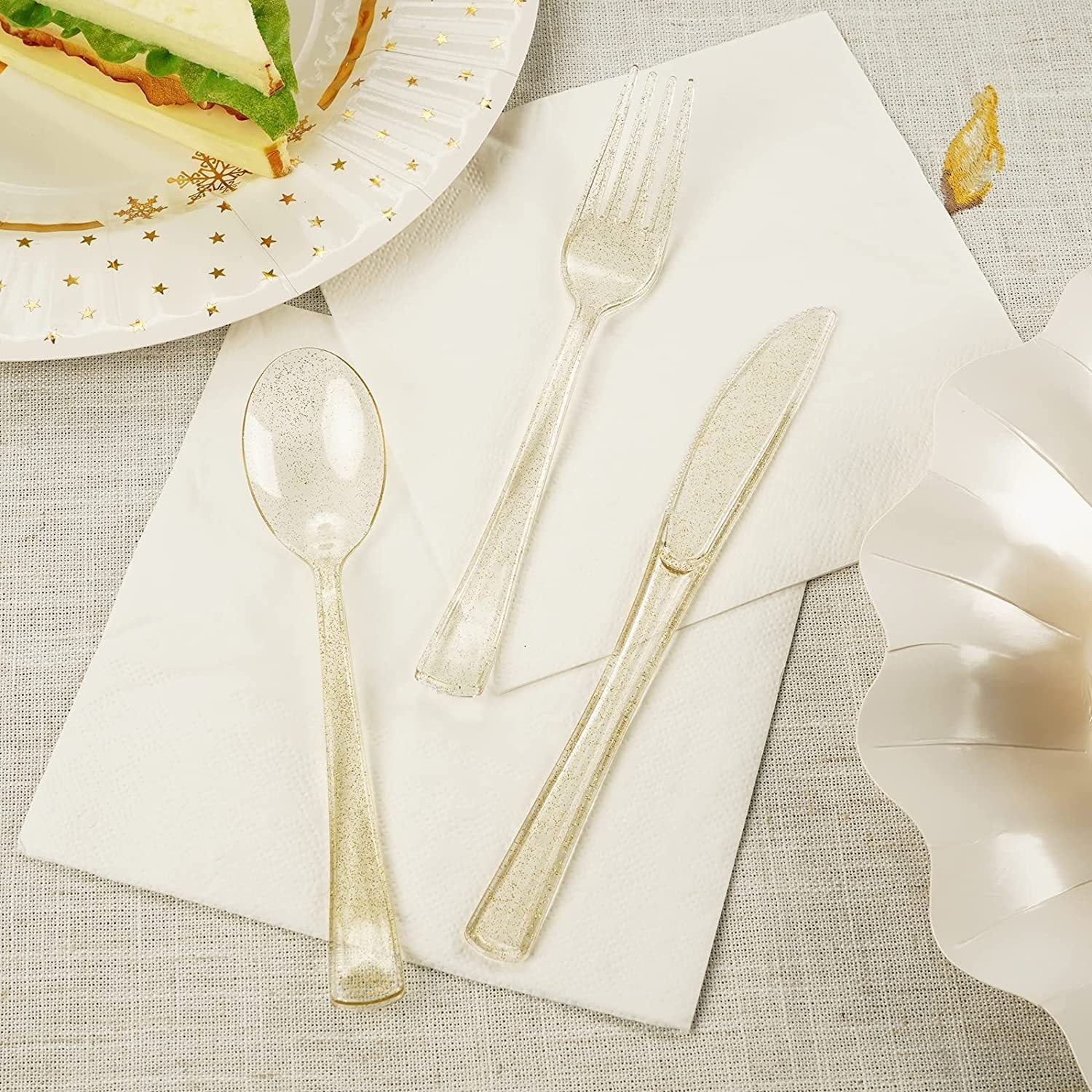 25 Pc Plastic Knives 7" Transparent Gold Glitter Classic Heavy Duty