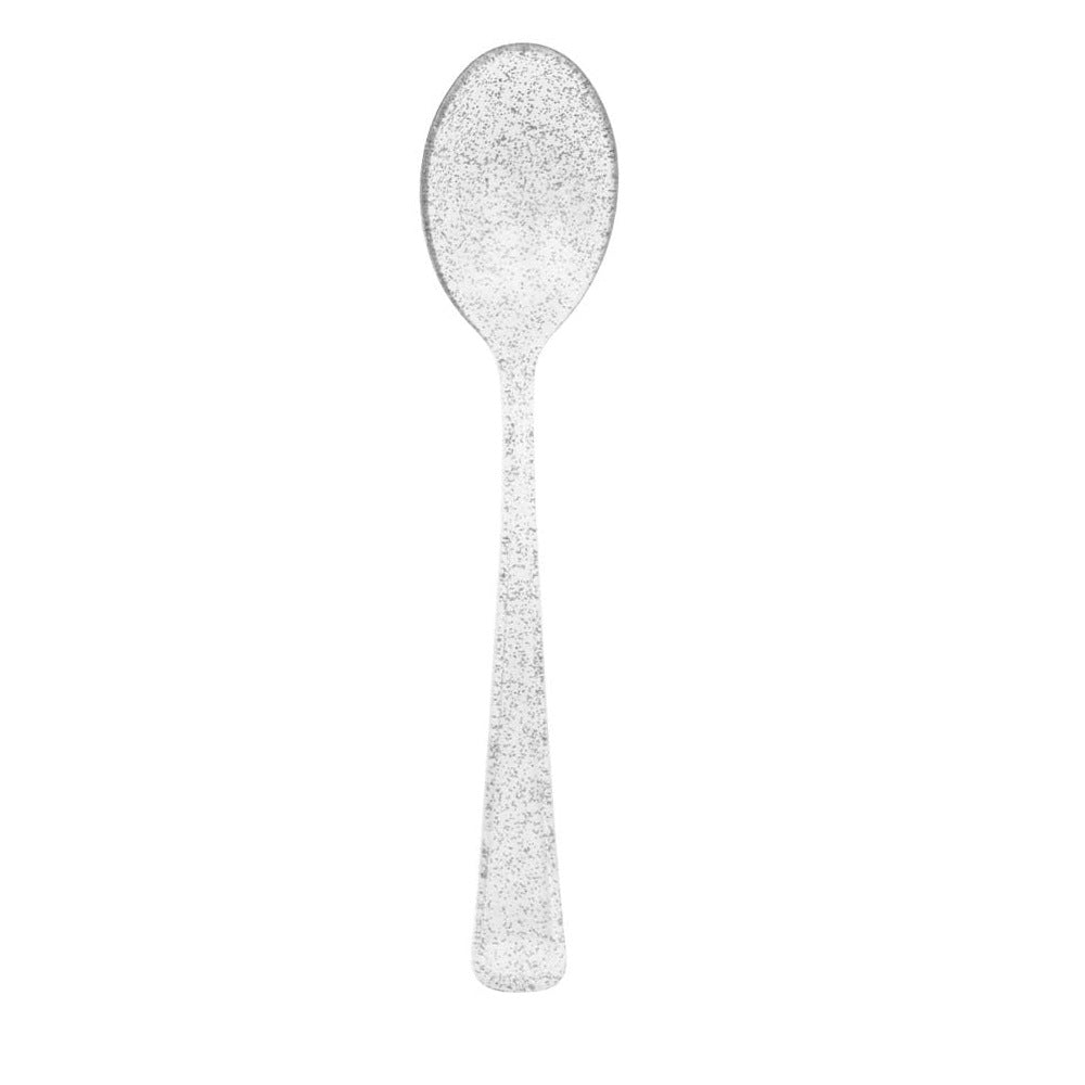 25 Pc Plastic Spoons 7" Transparent Silver Glitter Classic Heavy Duty