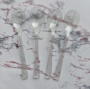 25 Pc Plastic Spoons 7" Transparent Silver Glitter Classic Heavy Duty