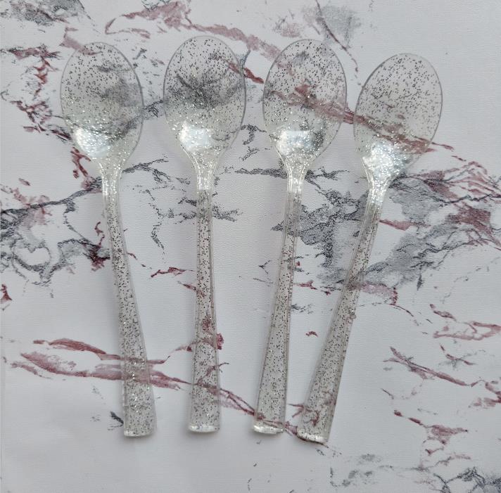 25 Pc Plastic Spoons 7" Transparent Silver Glitter Classic Heavy Duty