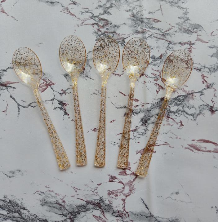 25 Pc Plastic Spoons 7" Transparent Gold Glitter Classic Heavy Duty
