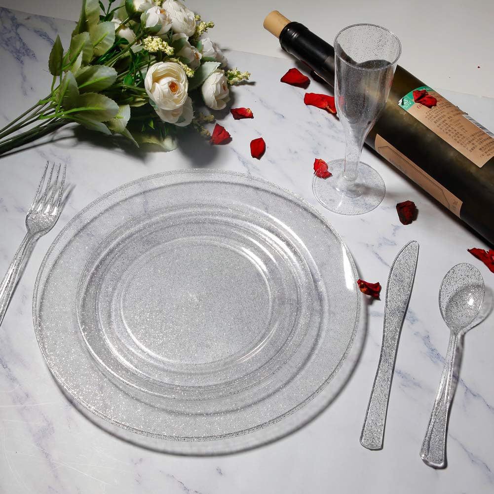 25 Pc Plastic Knives 7" Transparent Silver Glitter Classic Heavy Duty
