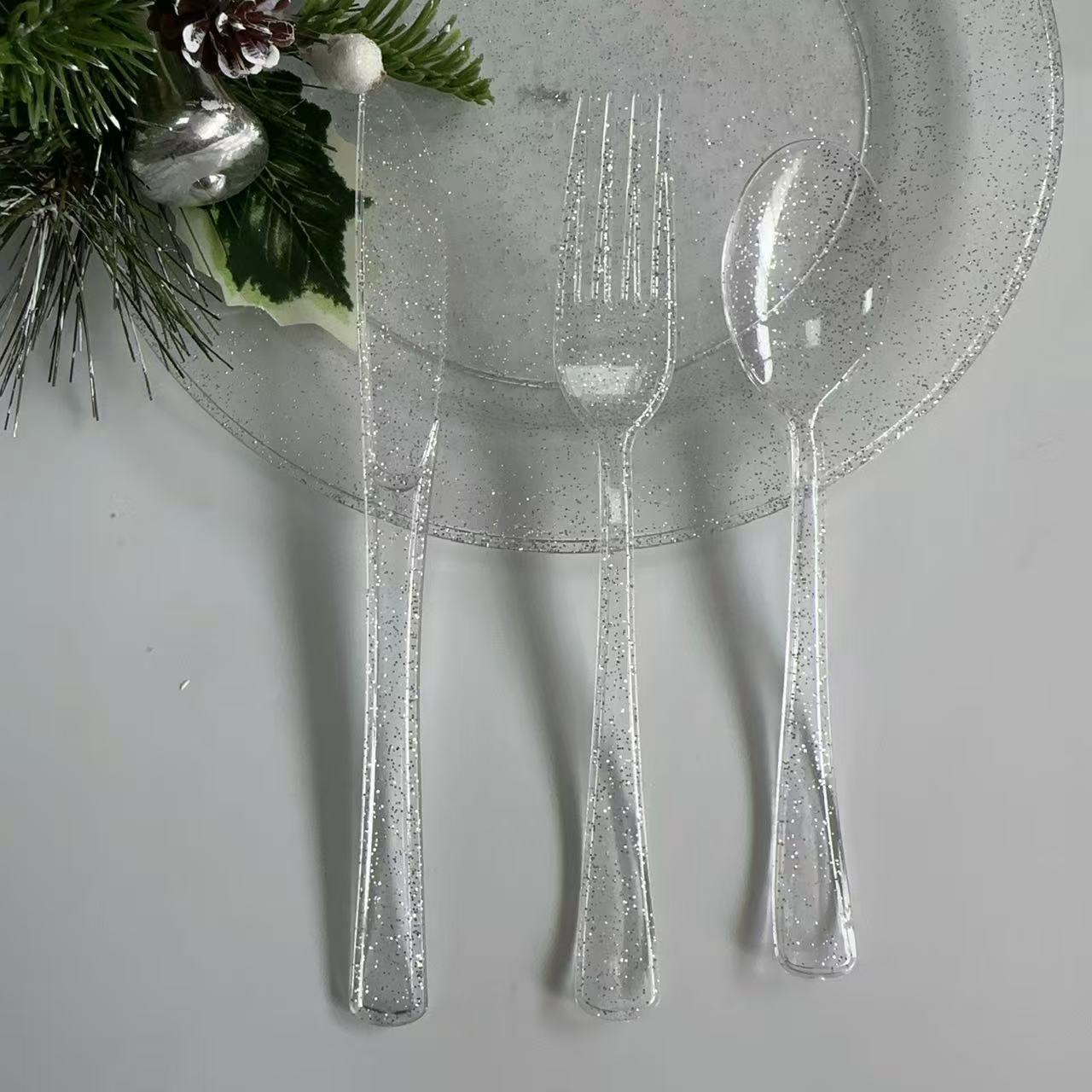 25 Pc Plastic Knives 7" Transparent Silver Glitter Classic Heavy Duty