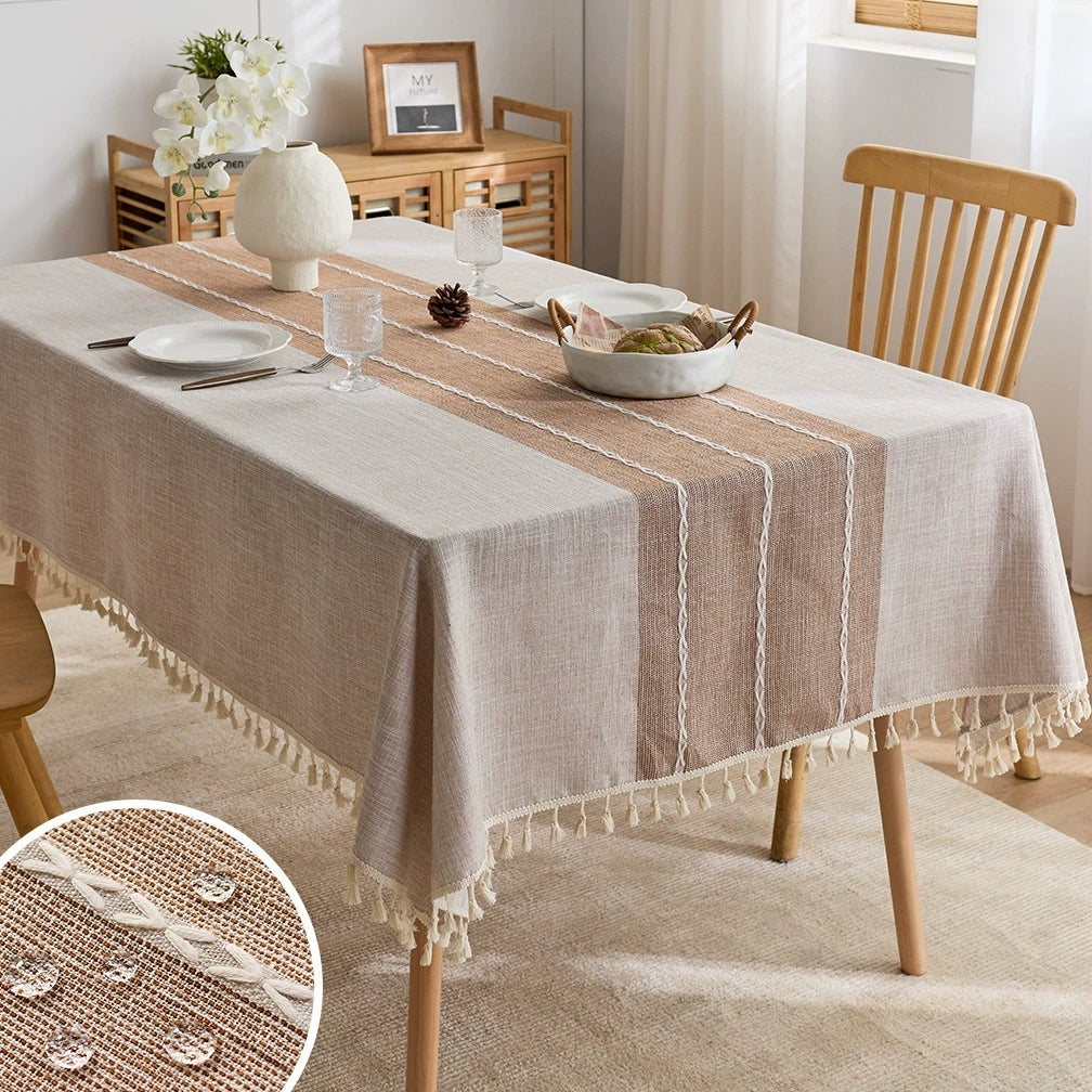 Waterproof Cotton and Linen Tassel Tablecloth - Striped Brown
