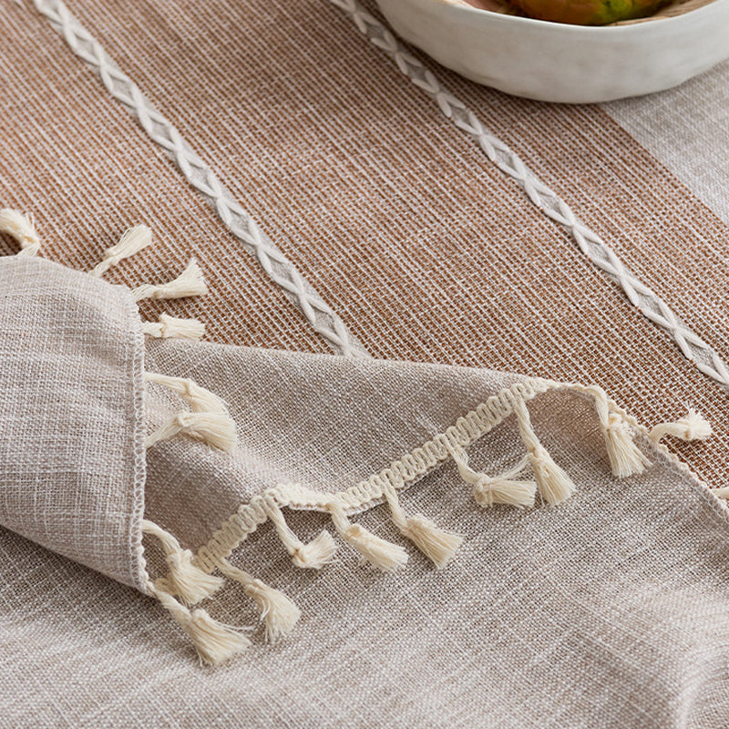 Waterproof Cotton and Linen Tassel Tablecloth - Striped Brown