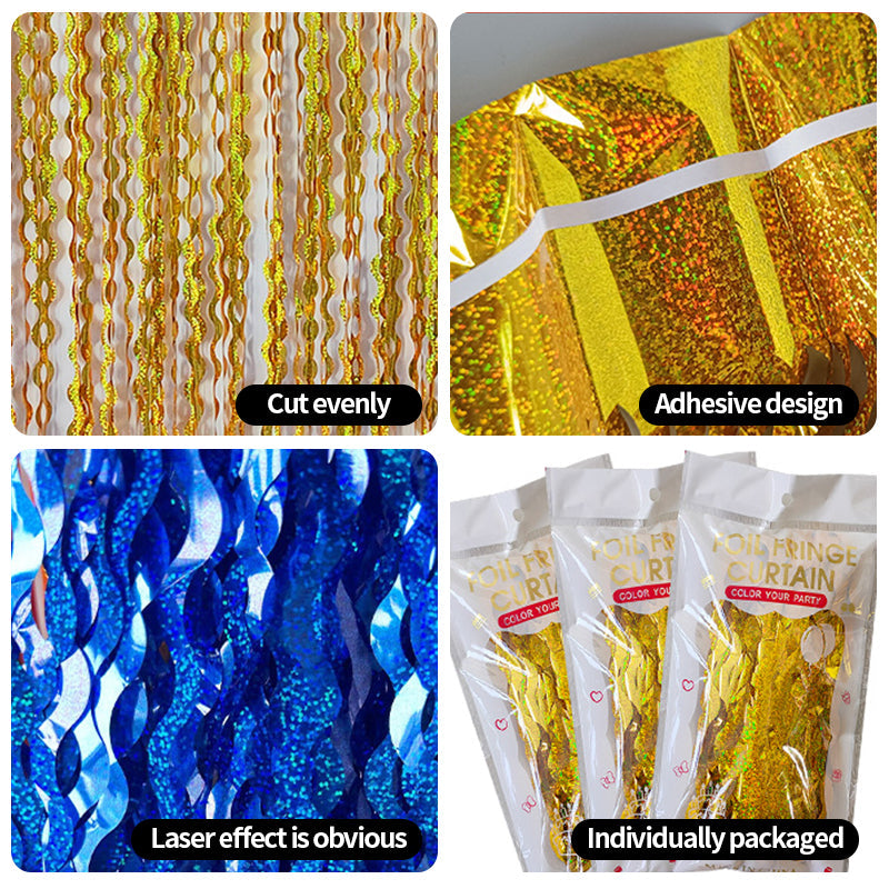 4 Pack Wavy Foil Fringe Curtain Party Backdrop 3.3x6.6 Ft Laser Gold