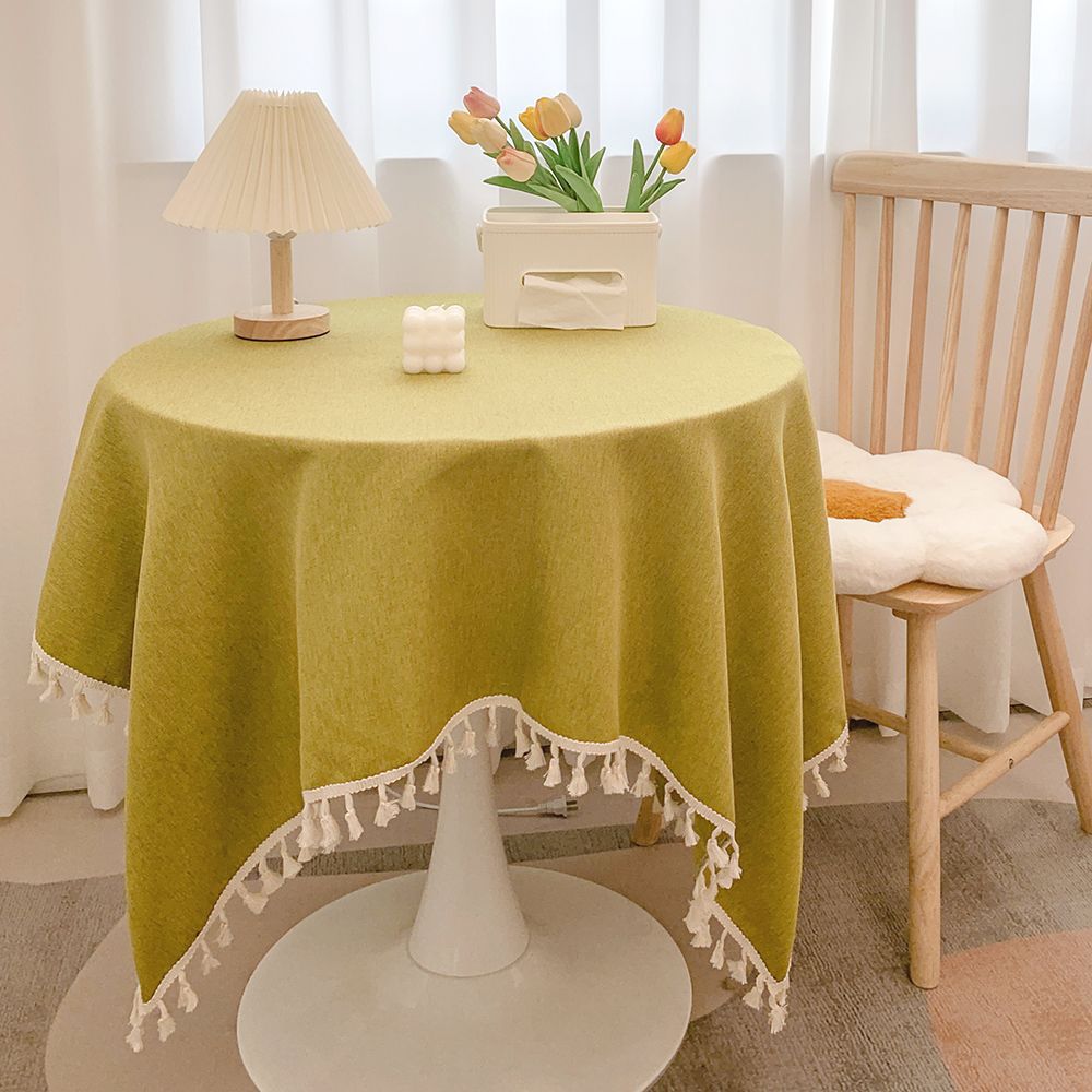 Bohemian Style Cotton and Linen Tassel Tablecloth Yellow Green