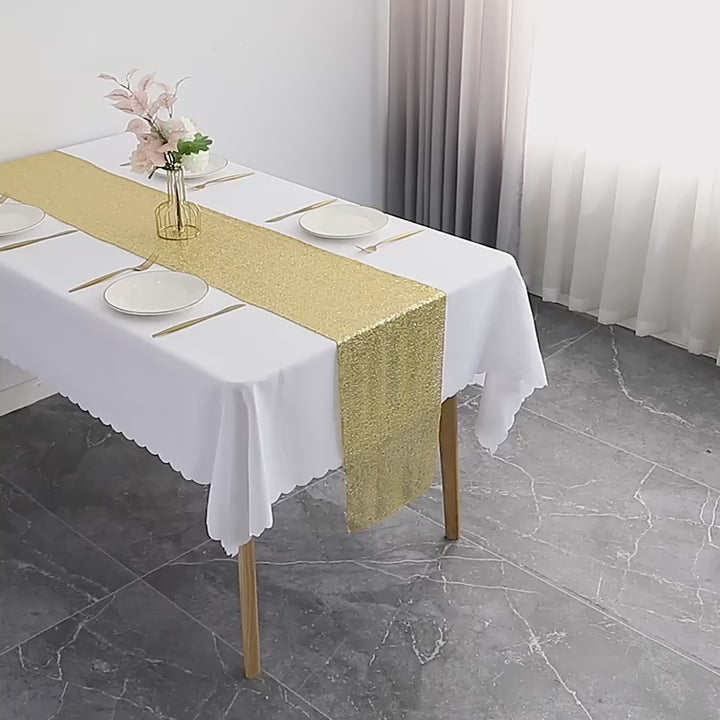 Load video: Glitz Sequins 110&quot; x 12&quot; Table Runner Gold