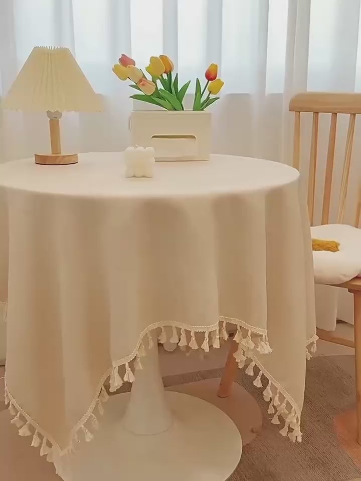 Load video: Bohemian Style Cotton and Linen Tassel Tablecloth Yellow Green