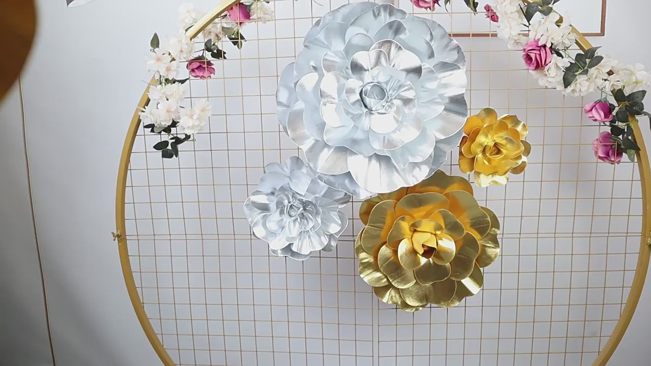 Load video: 20&quot; Silver Simulated Golden Rose Flower Wall Decoration 4Pcs